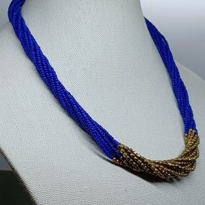 Vintage Torsade Necklace Brass Accent Colbalt Blue Seed Beads Clasp 10 Strands